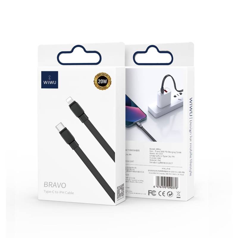 Wiwu Bravo WI-C004 Flat Design 20W Fast Charging Type-C to Lightning PD Cable 1M - 12