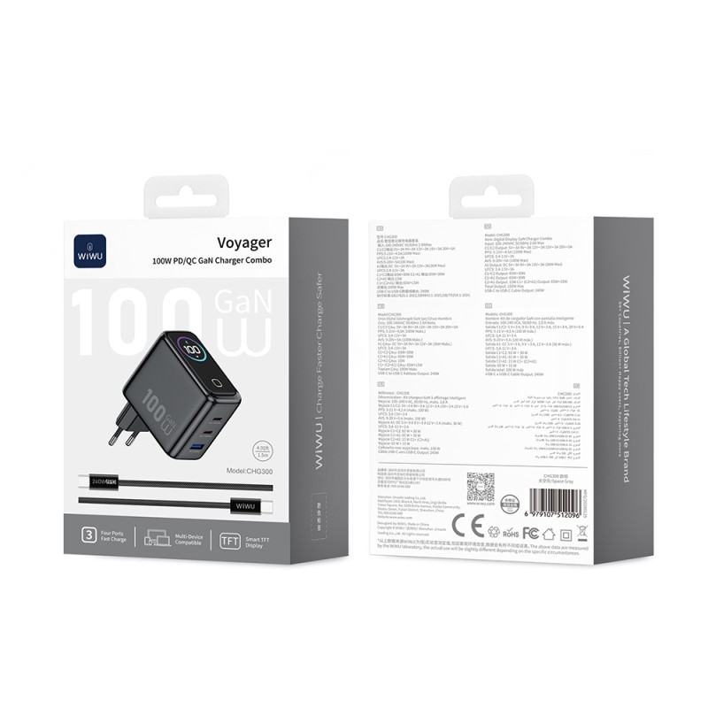 Wiwu CHG300 Voyager Serisi GaN Teknolojili PD/QC TFT Göstergeli Hızlı Şarj Başlığı 100W - 6