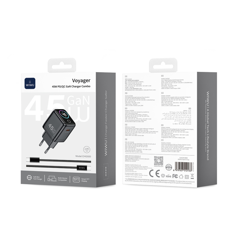 Wiwu CHG500 Voyager Serisi GaN Teknolojili PD/QC TFT Göstergeli Hızlı Şarj Başlığı 45W - 6