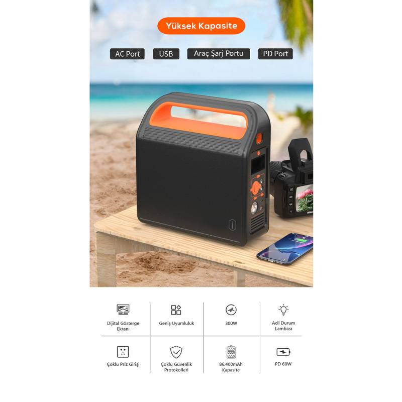 Wiwu JC-12 Dijital Ekran Lambalı Çoklu Priz ve Araç Şarj Portlu Taşınabilir Powerbank 300W 86400mAh - 14