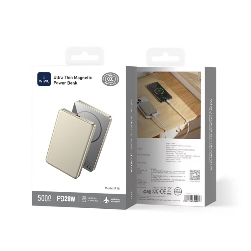 Wiwu P15 LED Işık Göstergeli Ultra İnce PD 20W Kablosuz Powerbank 5000mAh 15W - 9