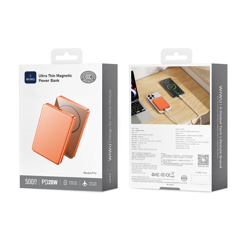 Wiwu P15 LED Işık Göstergeli Ultra İnce PD 20W Kablosuz Powerbank 5000mAh 15W - 16