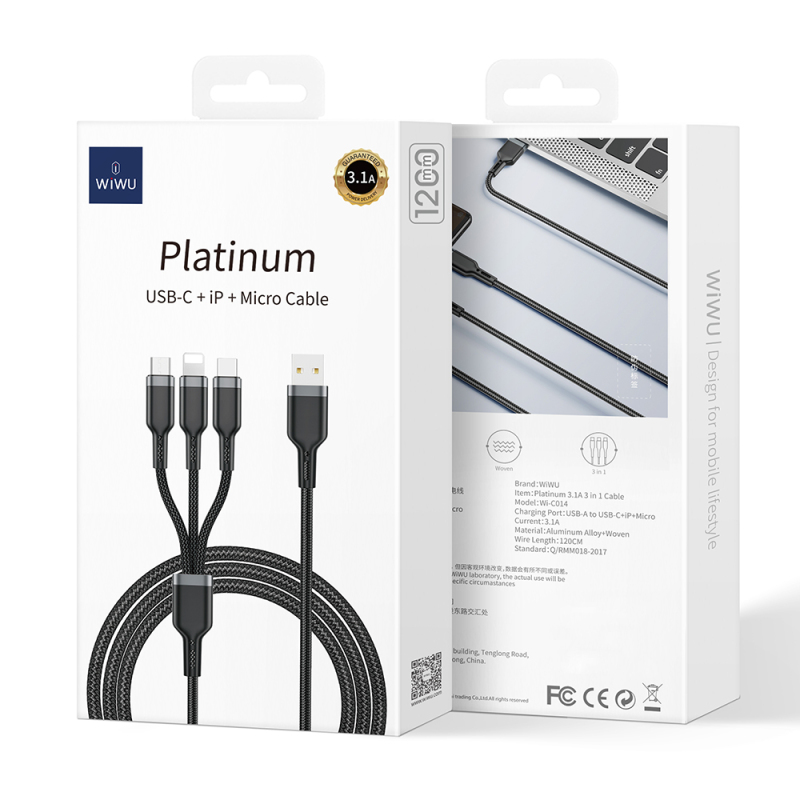 Wiwu Wi-C014 Platinum Series 3in1 USB-A to Lightning – Type-C – Micro Charging and Data Cable 3.1A 1.2m - 7