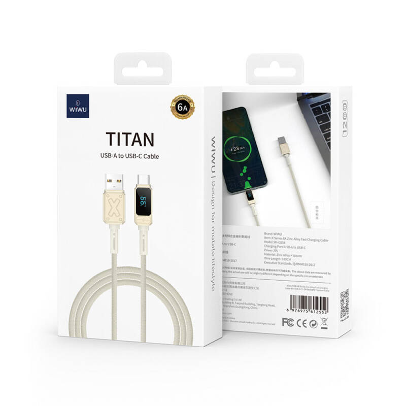 Wiwu Wi-C038 Titan Series USB-A to Type-C 6A 66W LED Digital Display Charging and Data Cable 1.2M - 9