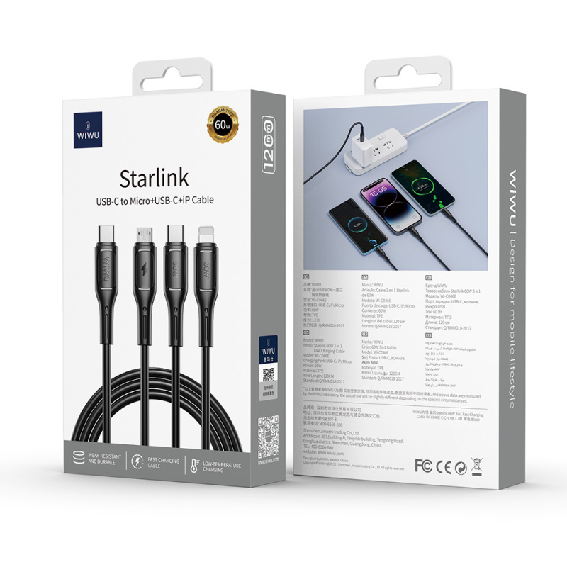 Wiwu Wi-C046E Starlink Series 3in1 USB-A to Lightning – Type-C – Micro Charging and Data Cable 60W 1.2M - 9