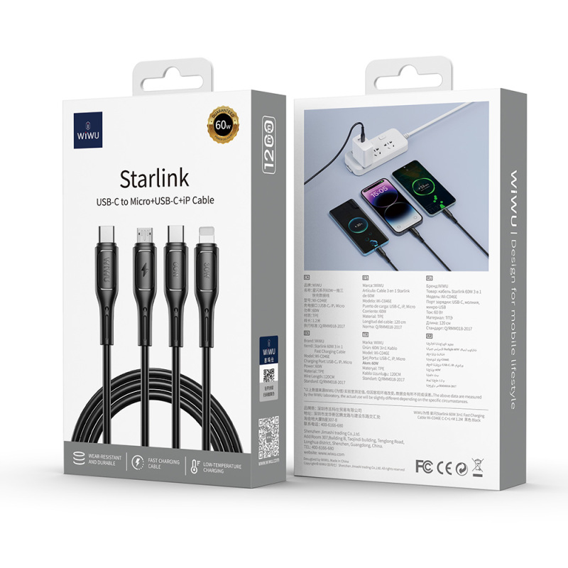 Wiwu Wi-C046E Starlink Serisi 3in1 USB-C to Lightning – Type-C – Micro Şarj ve Data Kablosu 60W 1.2M - 9
