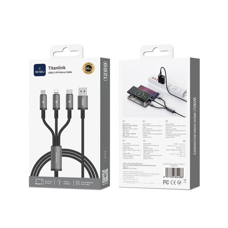 Wiwu Wi-C059 Titanlink Serisi 3in1 USB-A to Lightning – Type-C – Micro Örgülü Şarj ve Data Kablosu 66W 1.2m - 3