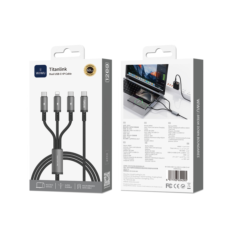 Wiwu Wi-C060 Titanlink Serisi 3in1 Type-C to Lightning – 2xType-C Örgülü Şarj ve Data PD Kablo 60W 1.2m - 4