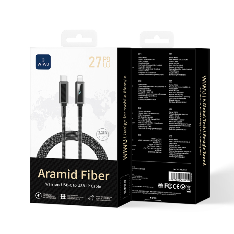 Wiwu Wi-C080 Warriors Series Aramid Fiber Digital LED Display Type-C to Lightning PD Data and Charging Cable 27W 1M - 7