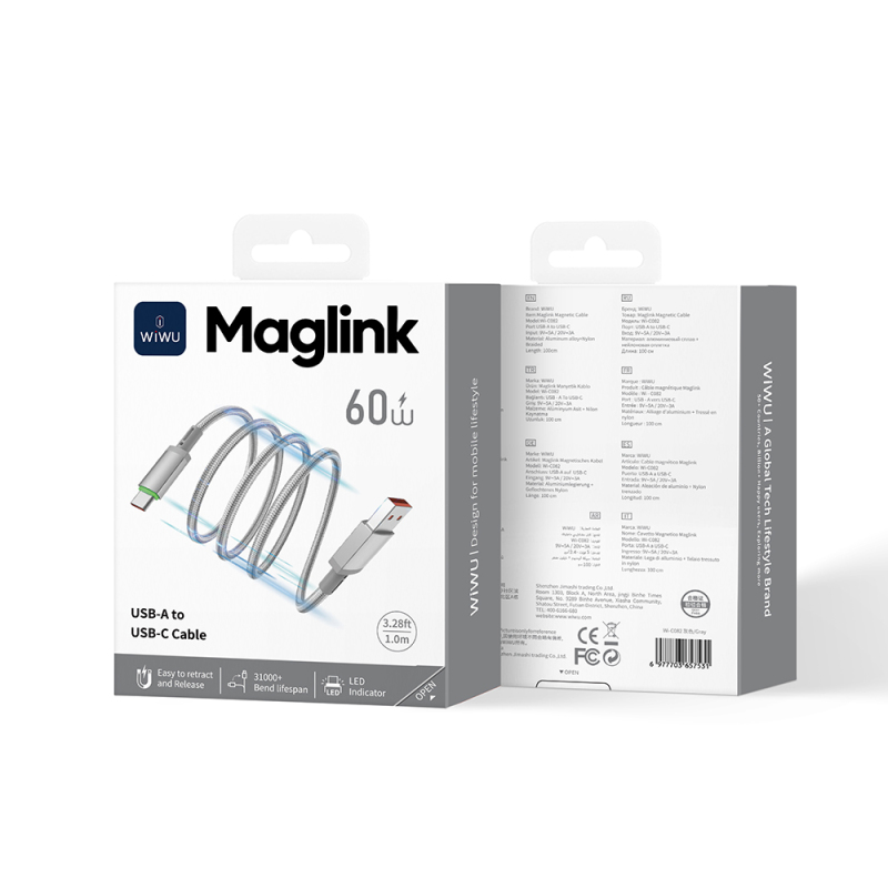 Wiwu Wi-C082 Maglink Series LED Indicator USB-A to Type-C Fast Charging Data and Charging Cable 60W 1M - 7