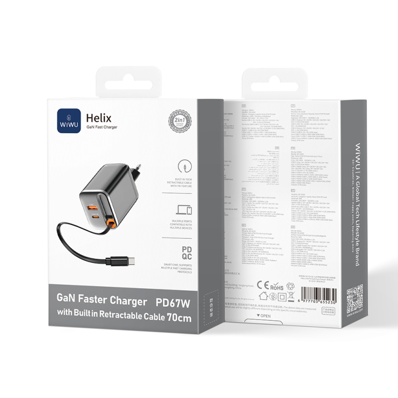 Wiwu Wi-G020 Helix Serisi GaN Teknolojili Hızlı Şarj Başlığı USB-A to Type-C PD 65W Type-C Kablolu Şarj Seti - 3
