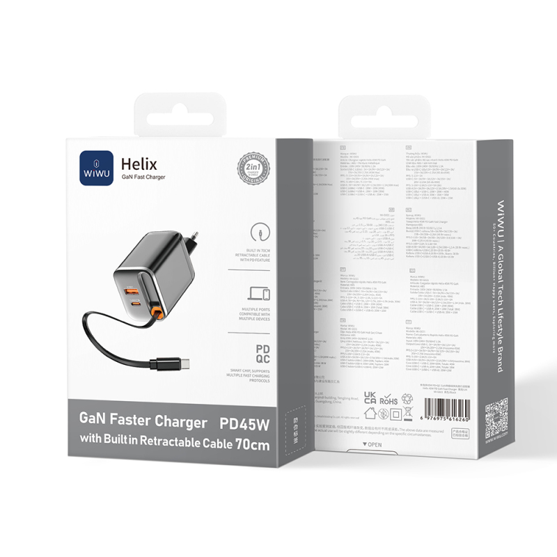 Wiwu Wi-G021 Helix Serisi GaN Teknolojili Hızlı Şarj Başlığı USB-A to Type-C PD 45W Type-C Kablolu Şarj Seti - 4