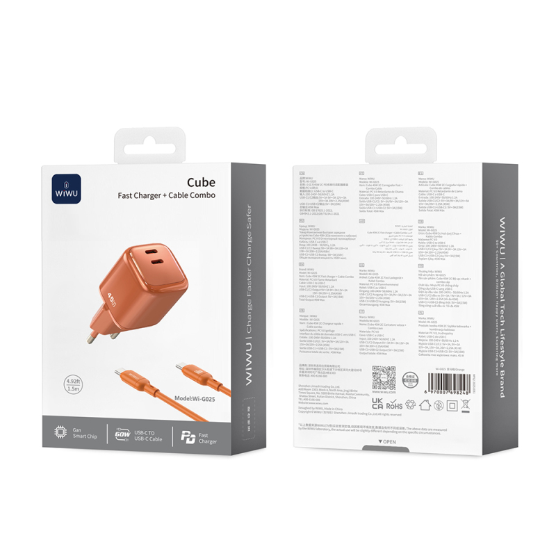Wiwu Wi-G025 Cube Serisi Type-C to Type-C GaN Tech Hızlı Şarj Özellikli Kablolu Şarj Seti 45W - 5