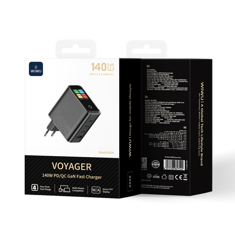 Wiwu Wi-G028 Voyager Serisi GaN Teknolojili PD/QC TFT Göstergeli Hızlı Şarj Başlığı 140W - 4