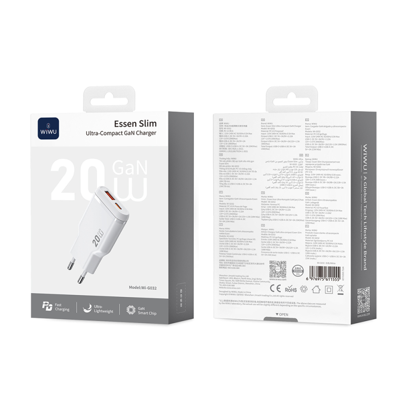 Wiwu Wi-G032 Essen Slim Serisi GaN Tech PD Hızlı Şarj Özellikli Şarj Başlığı 20W - 8