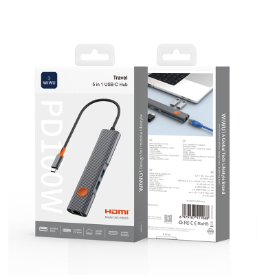 Wiwu Wi-HB005 Travel Serisi 5in1 HDMI (4K@60Hz) Girişli + RJ45 + 100W PD Type-C Hub Bağlantı İstasyonu - 6