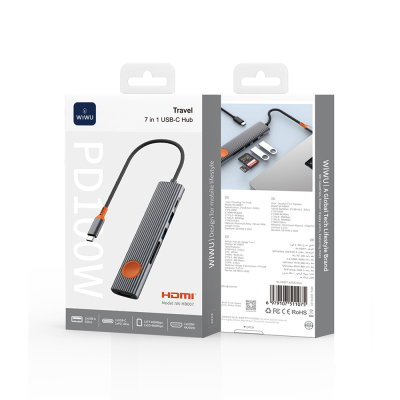 Wiwu Wi-HB8007 Travel Serisi 7in1 HDMI (4K@60Hz) Girişli 100W PD Type-C Hub Bağlantı İstasyonu - 6
