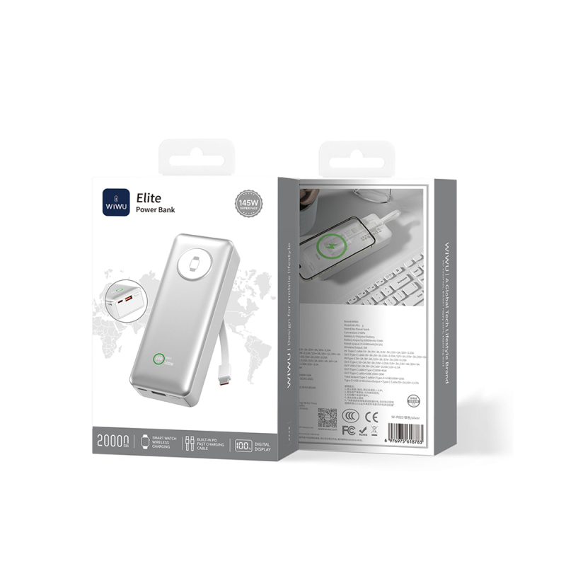 Wiwu Wi-P023 Elite Serisi Dijital LED Göstergeli Akıllı Saat Kablosuz Şarj Özellikli Taşınabilir Powerbank 20000mAh 145W - 8