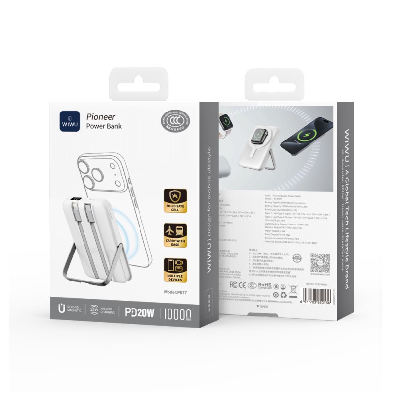 Wiwu Wi-P077 Pionner Serisi Taşınabilir Wireless Şarj ve PD 20W Hızlı Şarj Özellikli Standlı Powerbank 15W 10000mAh - 12