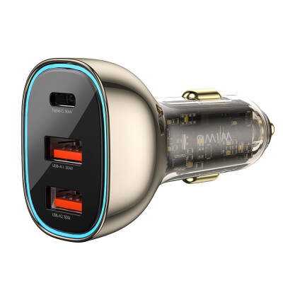 Wiwu Wi-QC013 Geek Series Type-C + Dual USB-A Fast Charging Featured Transparent Design Car Charger 90W - 1