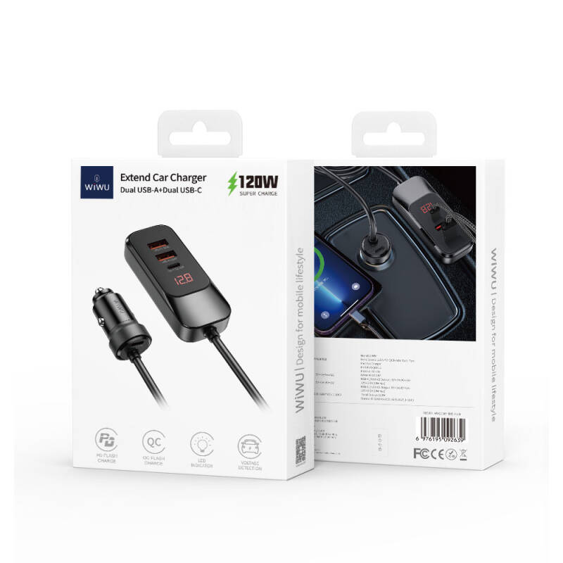 Wiwu Wi-QC015 Extend Series Dual Type-C + Dual USB-A Fast Charging External Port Car Charger 120W - 7