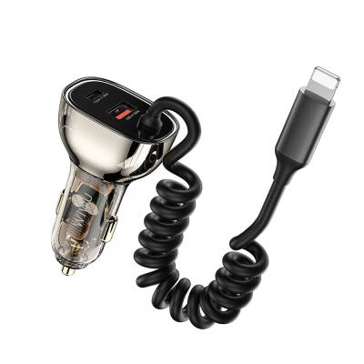 Wiwu Wi-QC019 Geek Series Transparent Design Car Charger with Type-C + Lightning Cable + USB-A Fast Charging Features 90W - 1