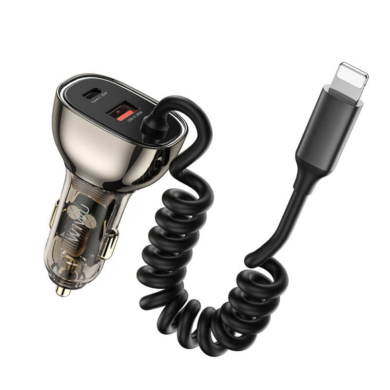 Wiwu Wi-QC019 Geek Series Transparent Design Car Charger with Type-C + Lightning Cable + USB-A Fast Charging Features 90W - 2