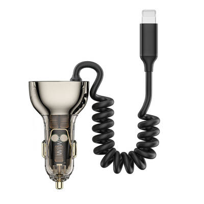 Wiwu Wi-QC019 Geek Series Transparent Design Car Charger with Type-C + Lightning Cable + USB-A Fast Charging Features 90W - 5