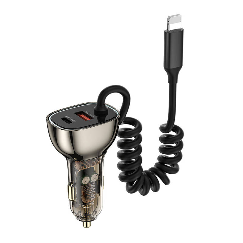 Wiwu Wi-QC019 Geek Series Transparent Design Car Charger with Type-C + Lightning Cable + USB-A Fast Charging Features 90W - 7