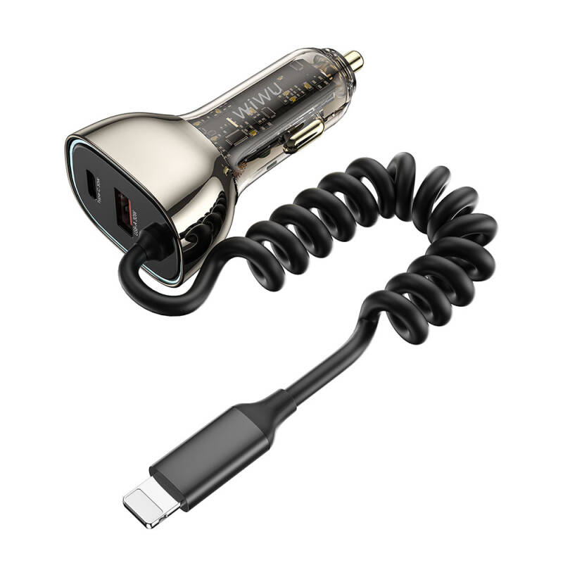 Wiwu Wi-QC019 Geek Serisi Type-C + Lightning Kablolu + USB-A Hızlı Şarj Özellikli Transparan Tasarımlı Araç Şarj Aleti 90W - 3