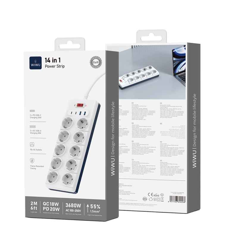 Wiwu Wi-S008 20W GaN Tech Power Strip 14 in 1 Çoklu Priz 2M - 5