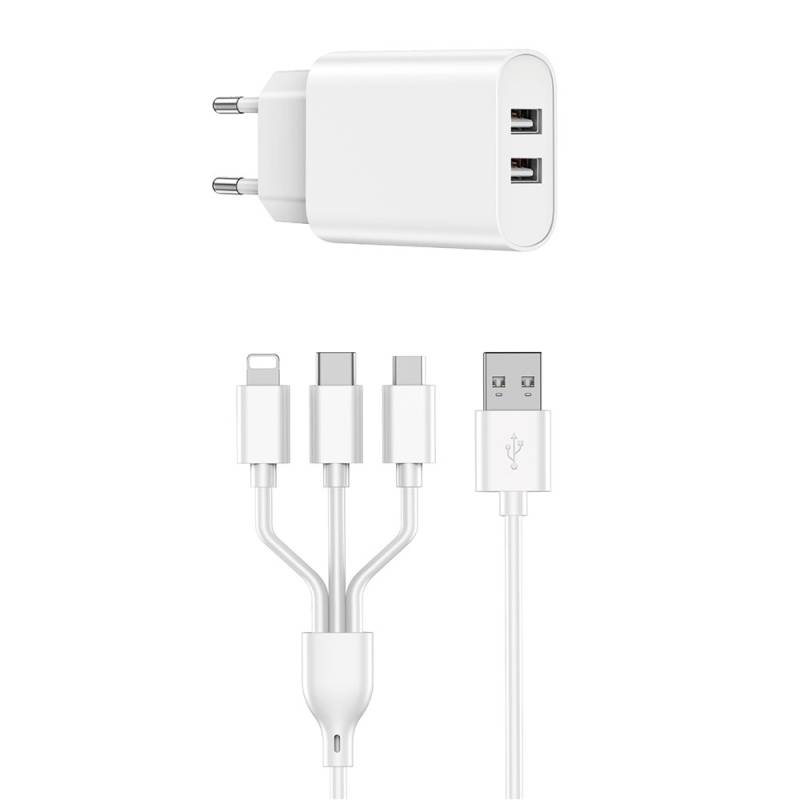 Wiwu Wi-U003 2.1A Dual USB Output Fast Charger Set 3in1 Wired Type-C/Lightning/Micro - 2