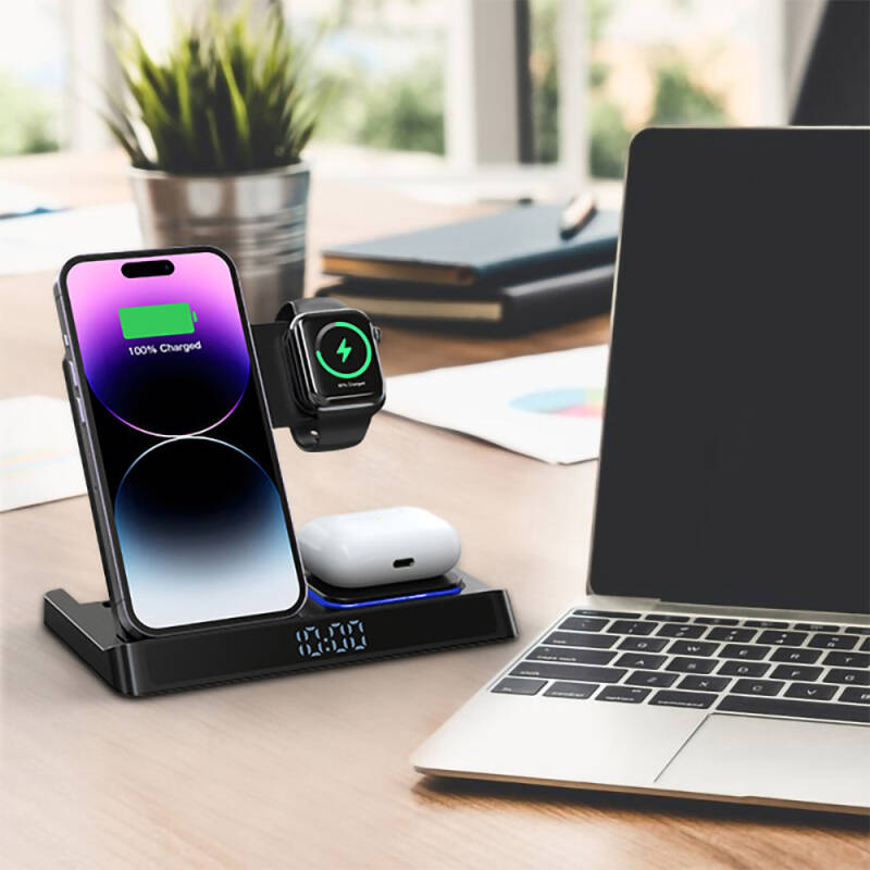 Wiwu Wi-W006 Power Air 5in1 Magnetic Wireless Charging Stand with Digital Clock and Alarm and Fast Charging Feature - 5