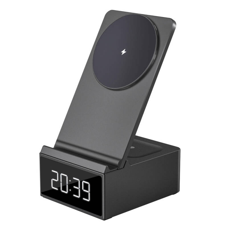 Wiwu Wi-W011 Platinum 3in1 Magnetic Wireless Charging Stand with Digital Clock and Alarm and Fast Charging Feature - 1