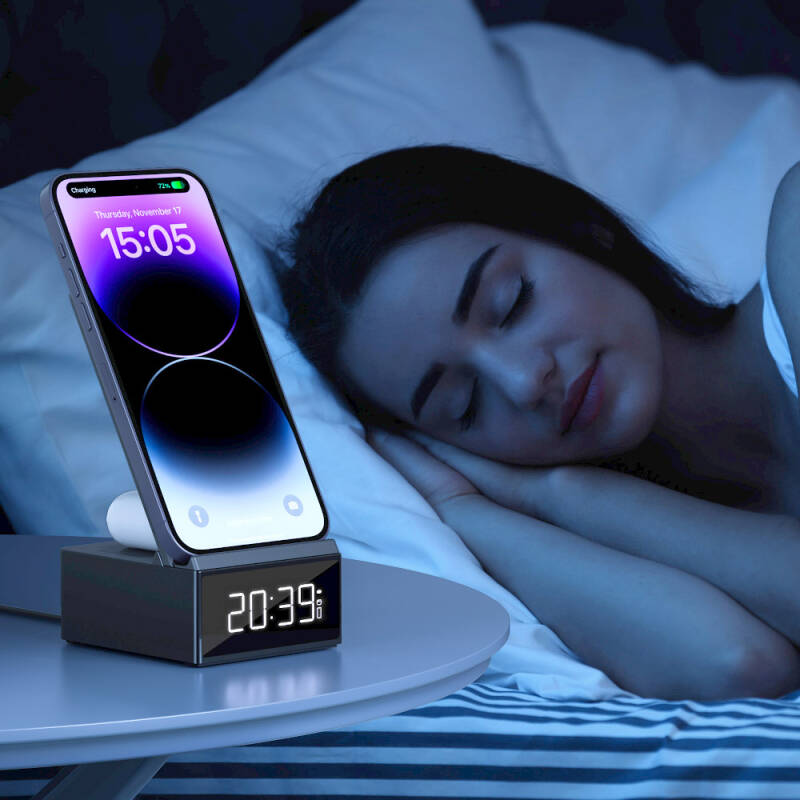 Wiwu Wi-W011 Platinum 3in1 Magnetic Wireless Charging Stand with Digital Clock and Alarm and Fast Charging Feature - 5