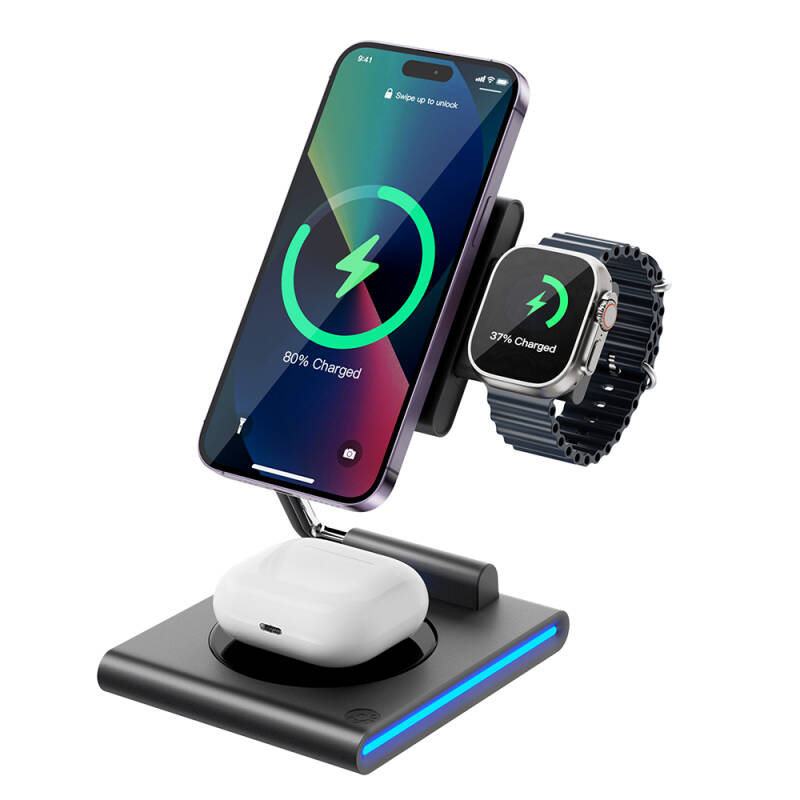 Wiwu Wi-W023 Geek 15W 3in1 Foldable Movable Head Wireless Charging Stand for Phone & Smart Watch & Headphone - 3