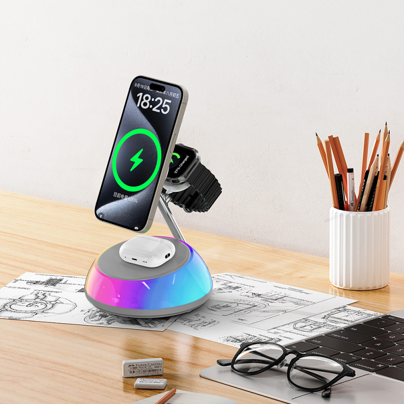 Wiwu Wi-W036 Qi2 3 in 1 Magnetic Fast Charging Wireless Charger Stand with Ambient Light 15W - 8