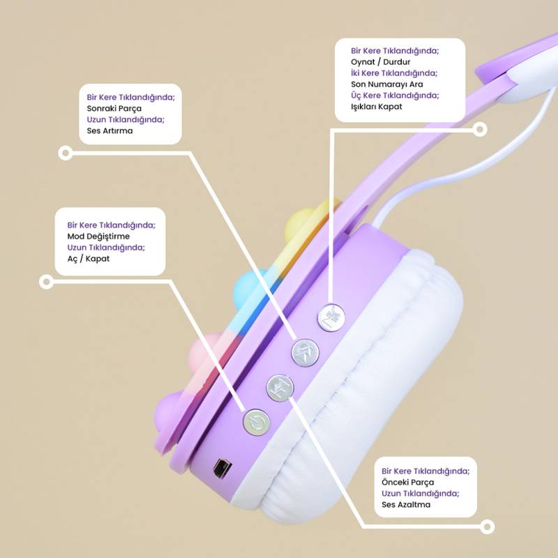 Zore B30 RGB Led Lighted Cat Ear Band Design Adjustable Foldable Over-Ear Bluetooth Headset - 5