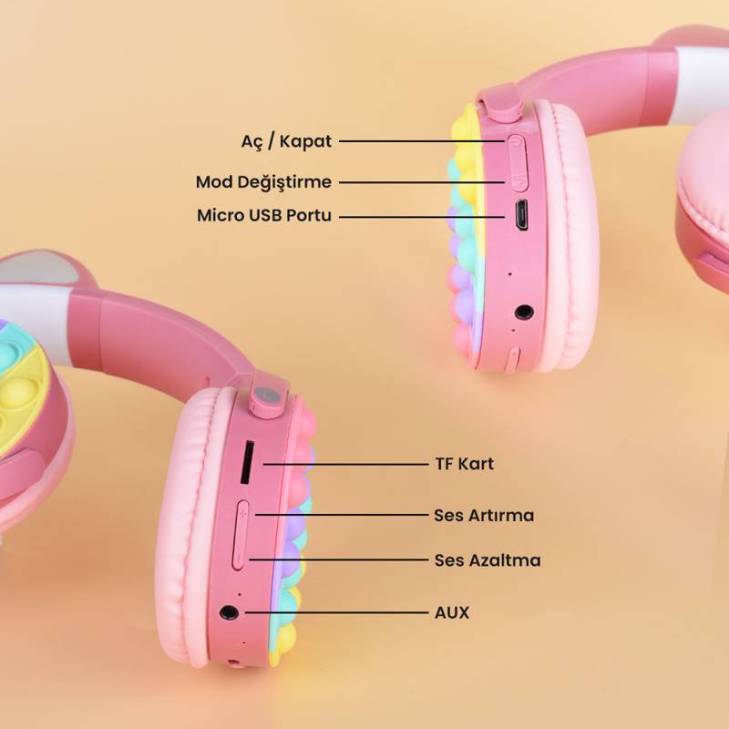 Zore CXT-950 RGB Led Işıklı Kedi Kulağı Band Tasarımı Ayarlanabilir Katlanabilir Kulak Üstü Bluetooth Kulaklık - 10