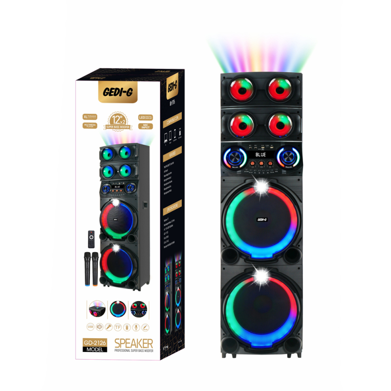 Zore GD-2126 Digital LED Indicator, FM Radio, RGB TWS with Microphone, Dual 12 inch Stereo Bass Wireless Karaoke Speaker - 9